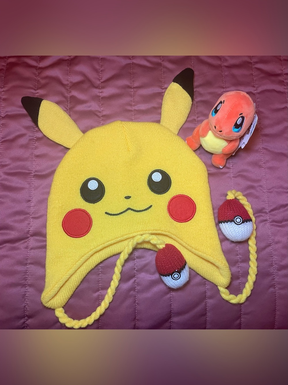 Pokémon Unisex Pikachu Knit Beanie Hat w/ Pokeball Tassels & Mini Charmander